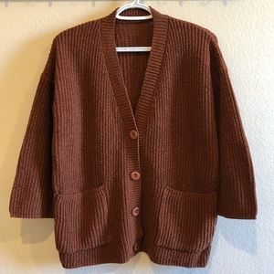 Brown Button-up Wide-sleeve Chunky Knit Cardigan